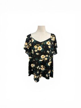 NWT torrid Black Floral V‑Neck Flutter Sleeve Top Size 2-2X/18-20